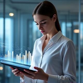 Professional looking at financial paperwork with digital holographic overlays