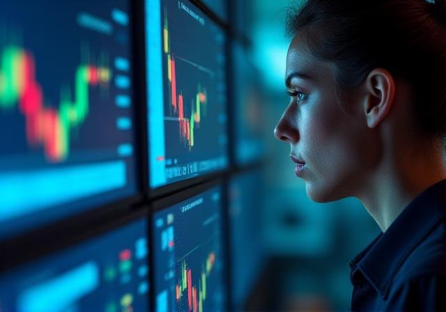 Close up of a trader displaying focus and calm amidst complex digital market data